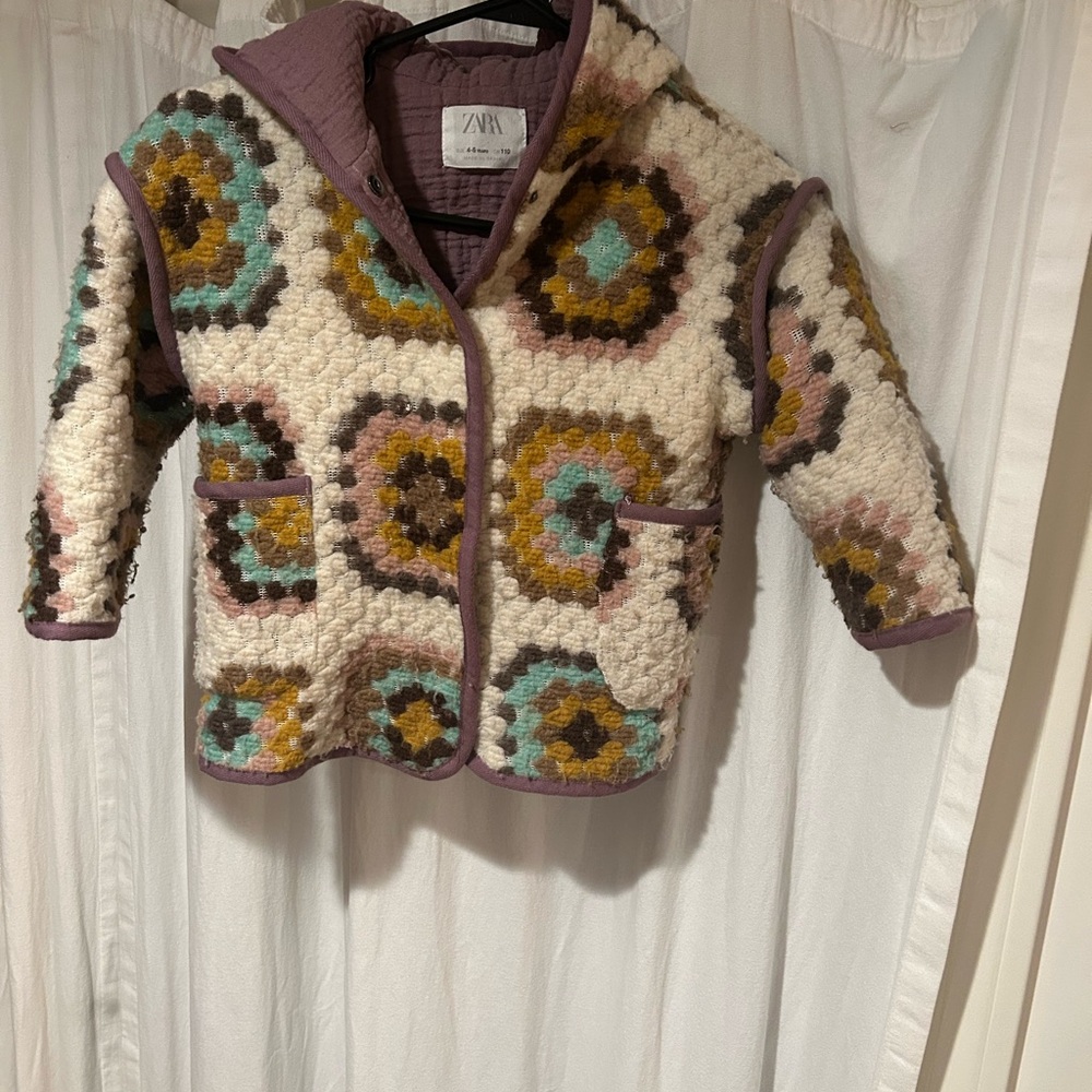 Zara Kids Cream Multicolor Crochet Sherpa Jacket with Purple Trim